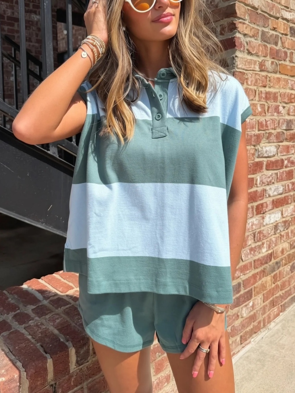 Labiz Rugby Mint and Sage Stripe Shorts Set